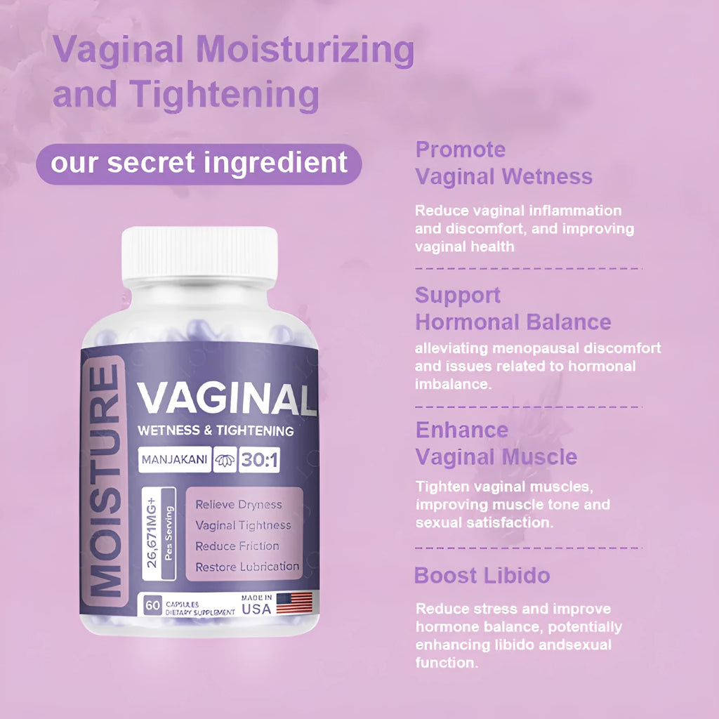 Bottle of 60 vaginal capsules for adult women's herbal feminine wellness