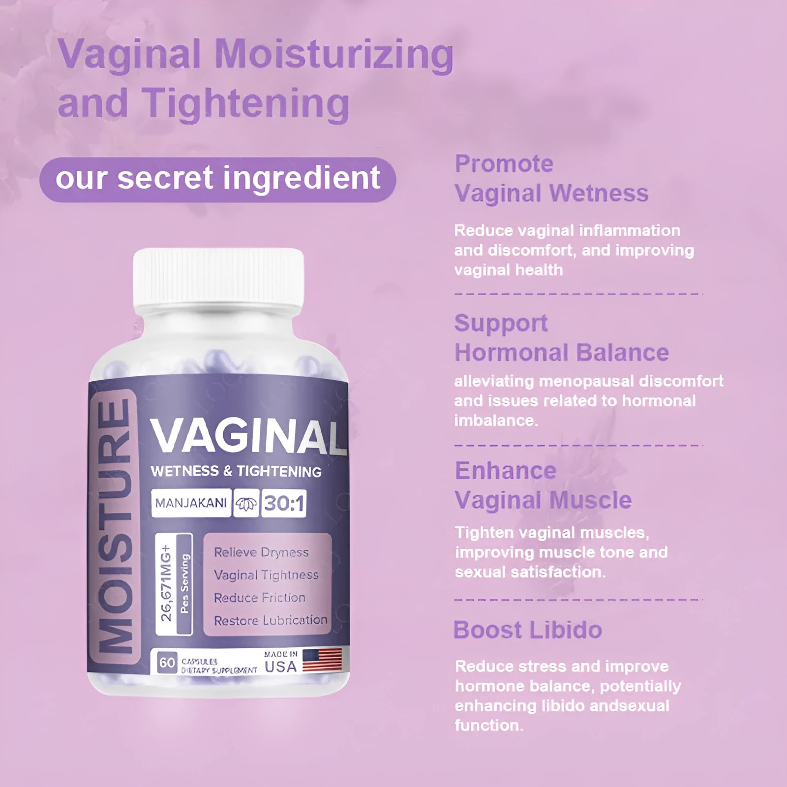 Bottle of 60 vaginal capsules for adult women's herbal feminine wellness