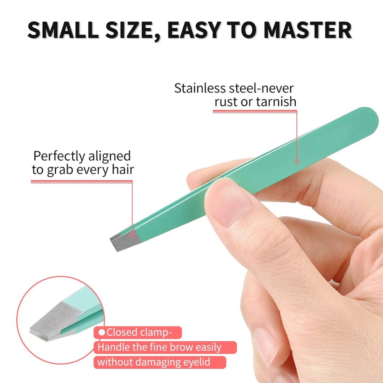 Professional 6-piece stainless steel eyebrow tweezers set with curved scissors, brush, and leather case