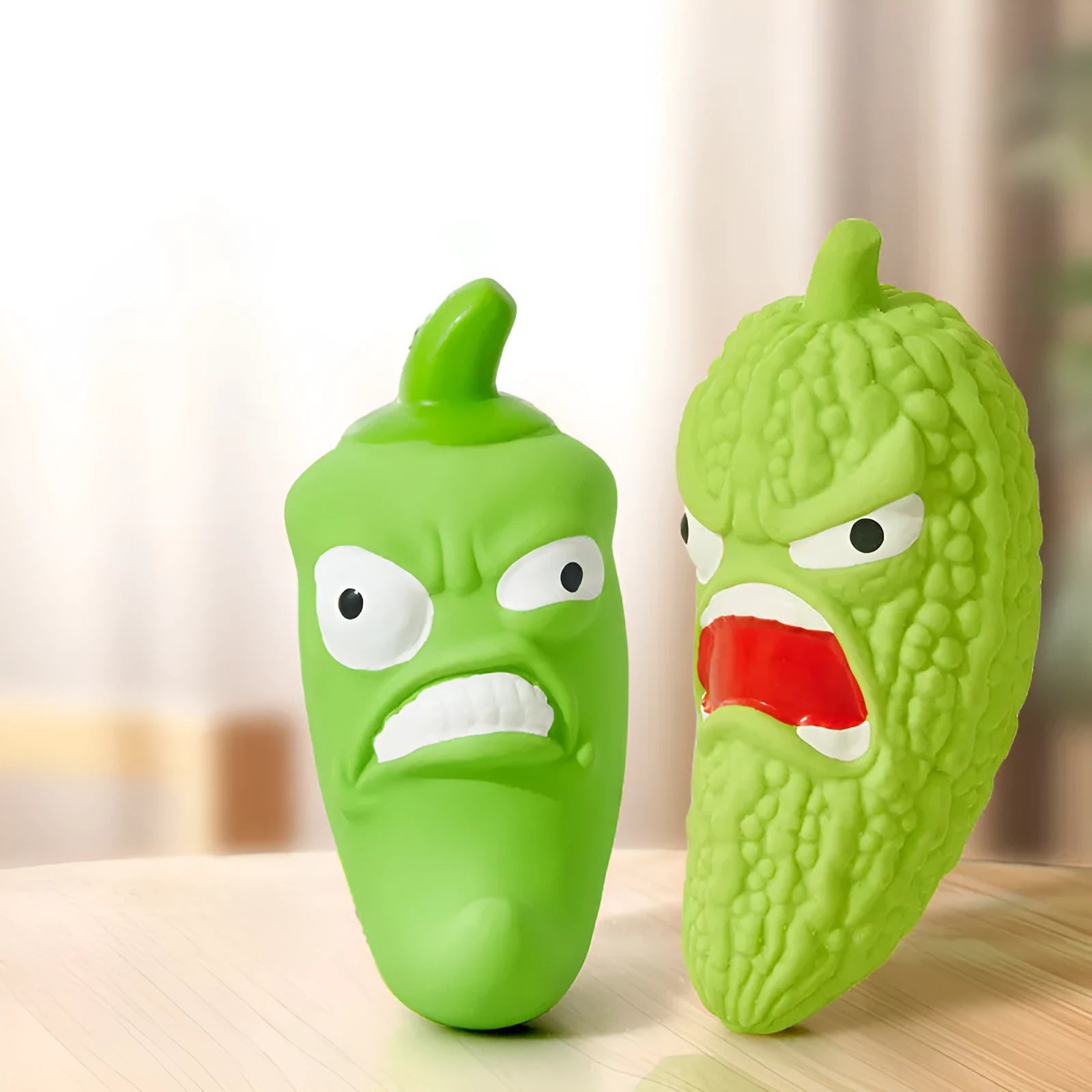 Bitter melon and chilli shaped dog chew toys with pet sound features for bite resistance and tooth cleaning