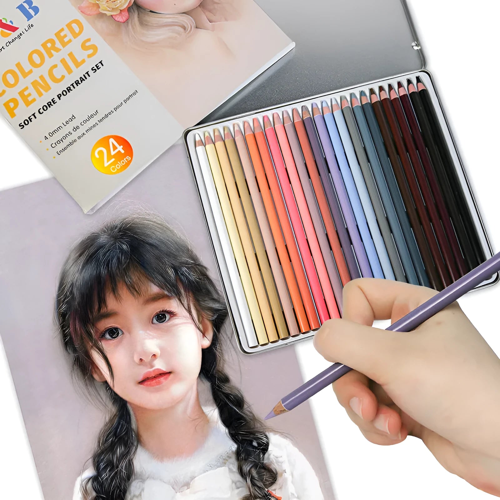 24 skin colour pencils for portrait drawing in a round iron tin box