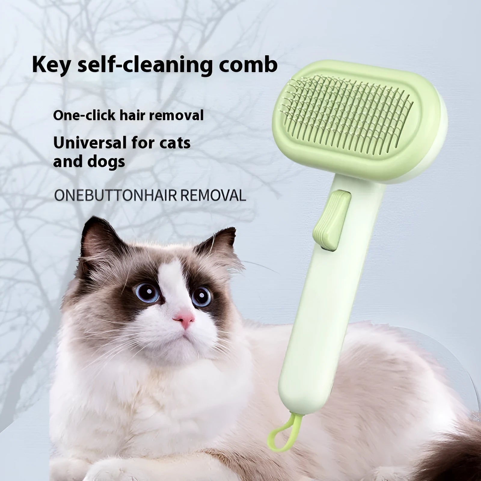 Large light grey pet hair removal comb with stainless steel teeth and a built-in shaver head.