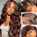 Dark brown long curly front lace wig with side bangs, made from high temperature fibre.