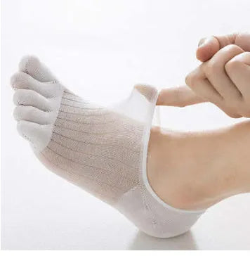 Ultra-thin modal cotton five-finger boat socks in black, shown on a foot.