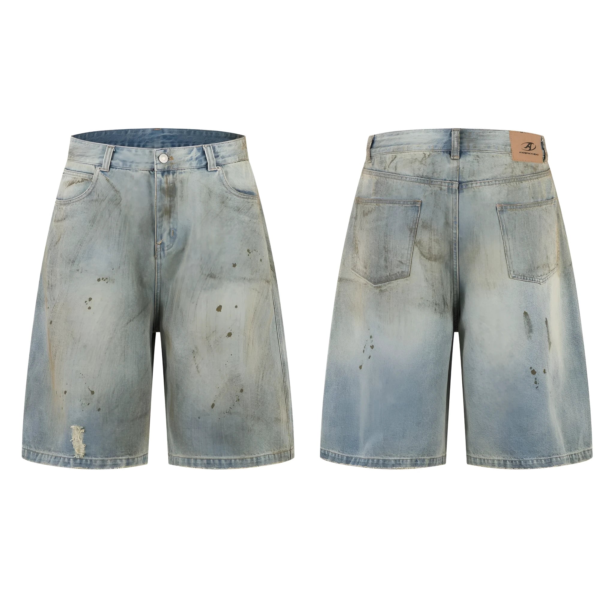 Men's washed blue cropped denim jeans with straight leg and zipper fly in Asian sizing