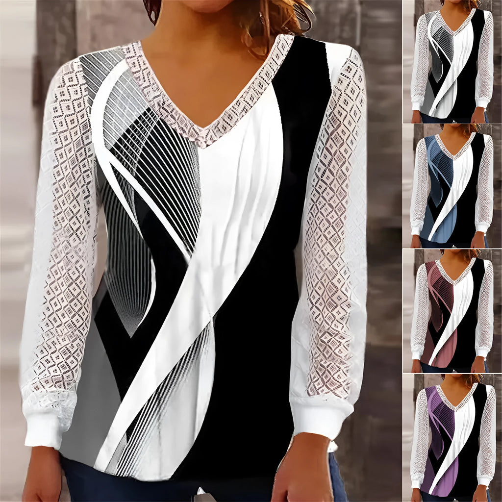 Women's purple V-neck loose pullover top with hollow-out lace detailing and long sleeves
