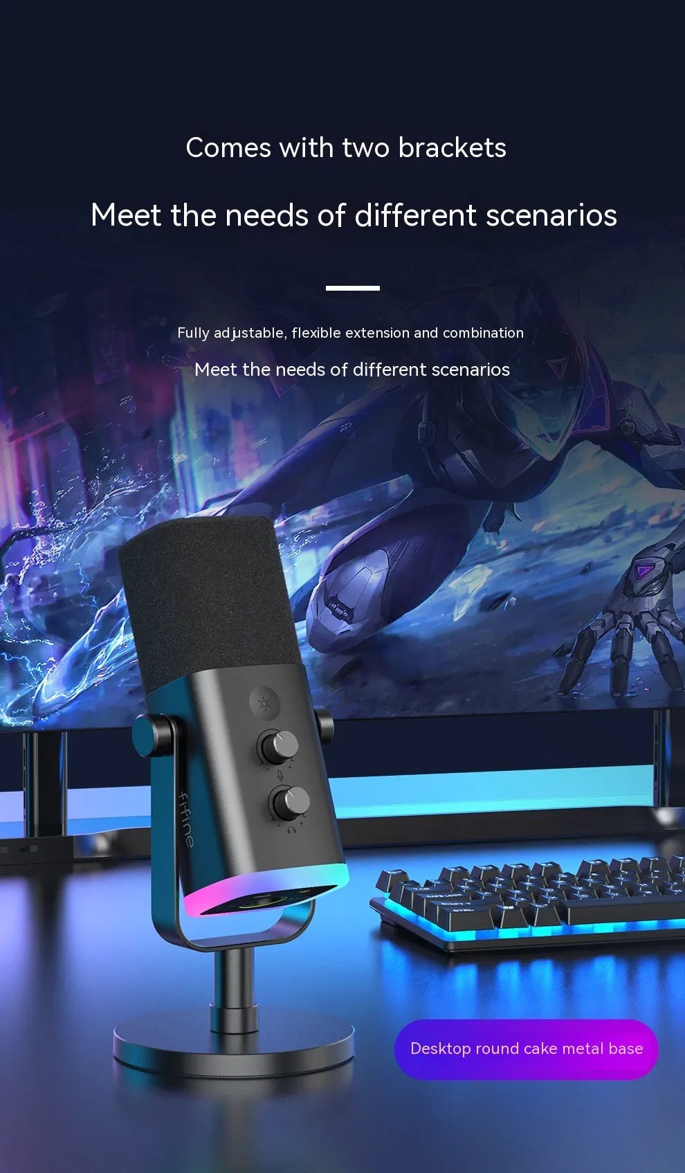 Dynamic noise reduction microphone in black colour with XLR cable, USB cable, and black desk base bracket.