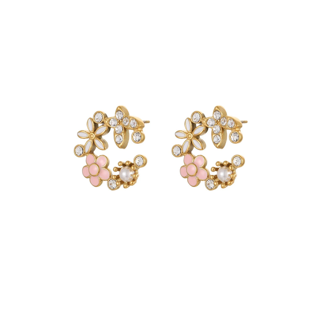 Flower stud earrings with petal design in stainless steel and 18K electroplated colour finish