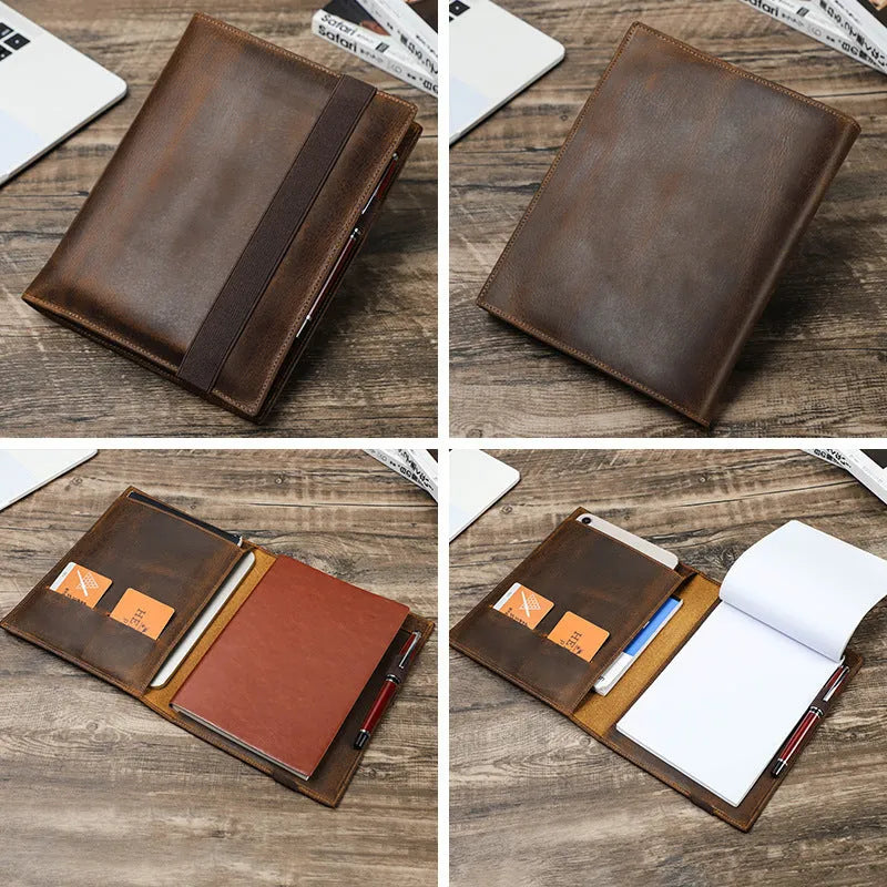 Brown Crazy Horse leather protective sleeve for A5 notebooks with a socket-type closure.