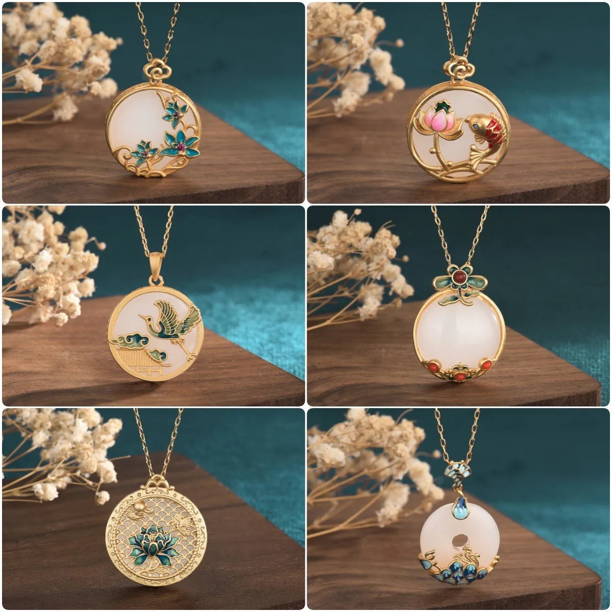 Gold-plated Hetian jade peace buckle necklace on woman, O-ring chain, 41-50cm adjustable, mixed gem inlay, retro style