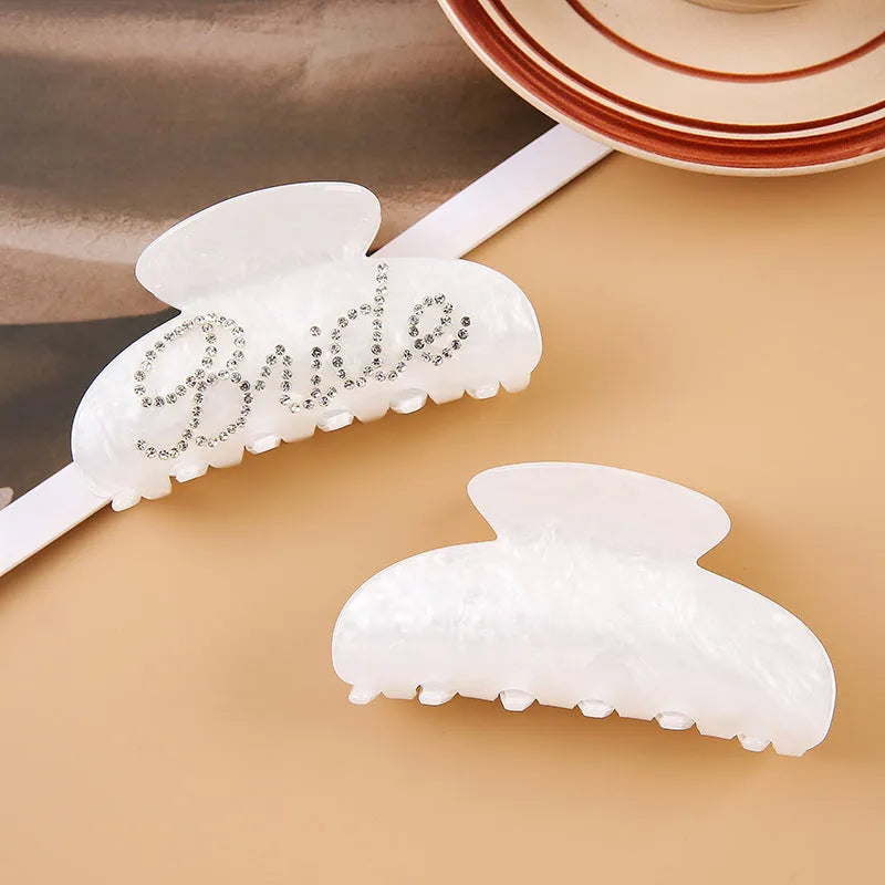Pink and white 10cm acrylic hair barrettes with shark clip backs and diamond spot drill decoration