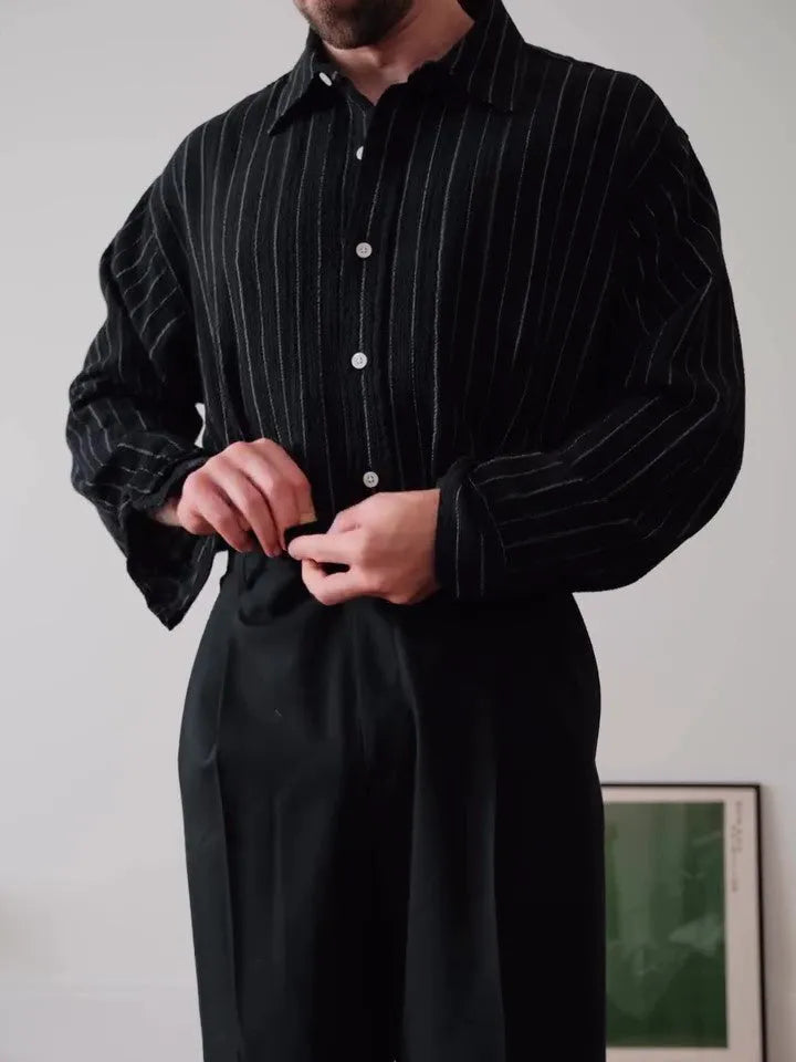 Black pinstriped button-down shirt with regular fit on mannequin