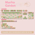 Summer Garden design dye-sublimation printed keycap set for mechanical keyboards, shown in 138-key and 158-key options.