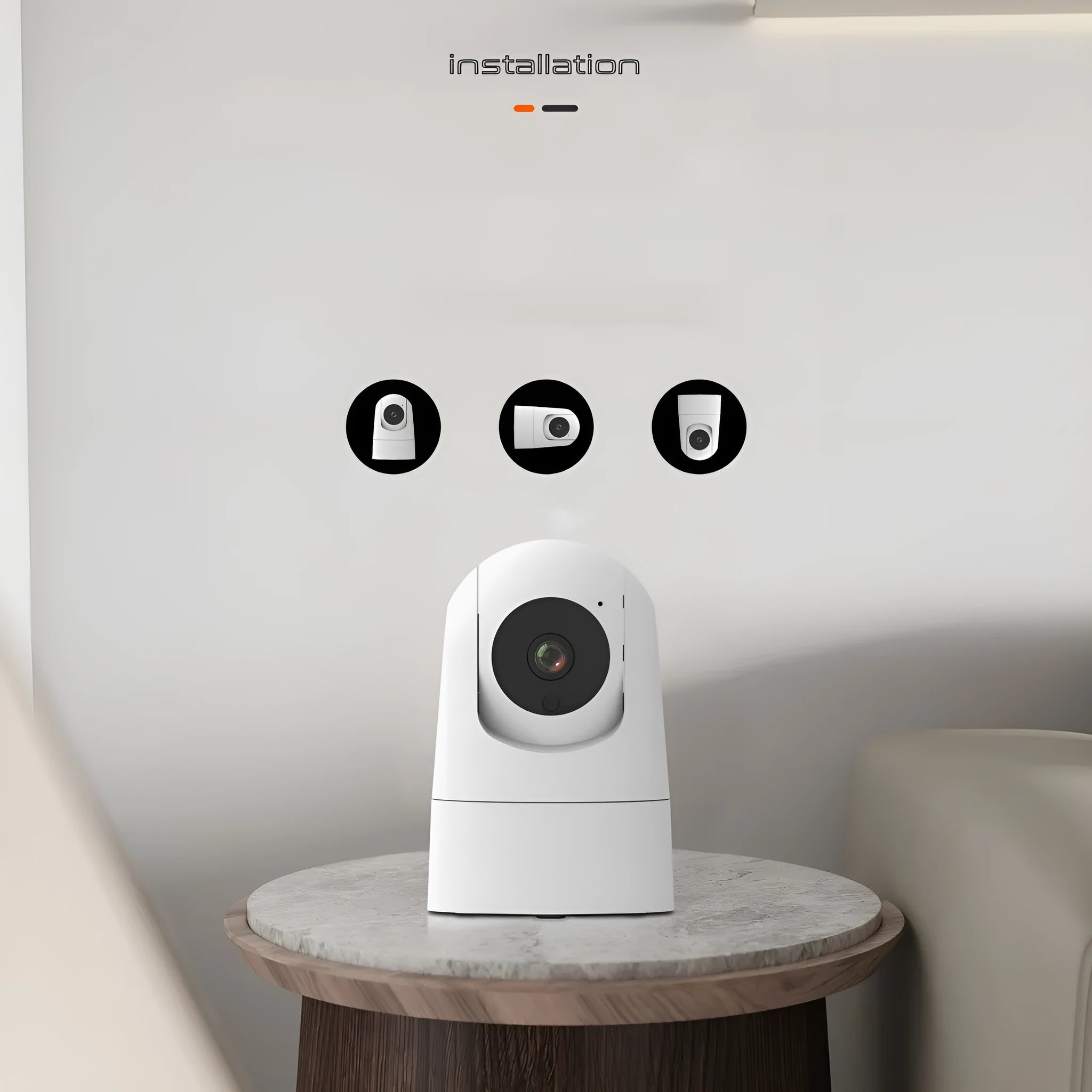 White indoor security camera with pan/tilt mechanism on stand showing front lens and microphone