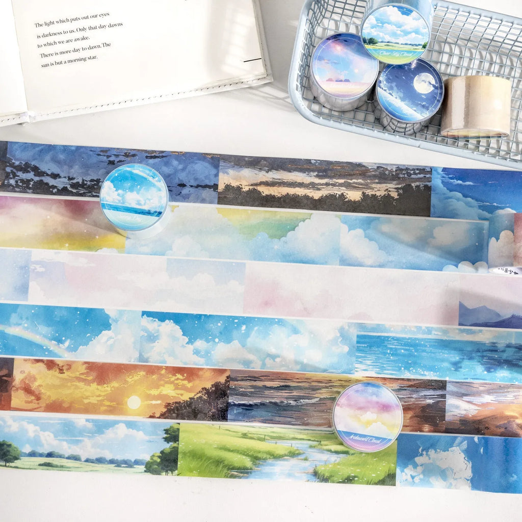 Roll of Japanese paper washi tape with colourful sky cloud patterns, showing 30mm width