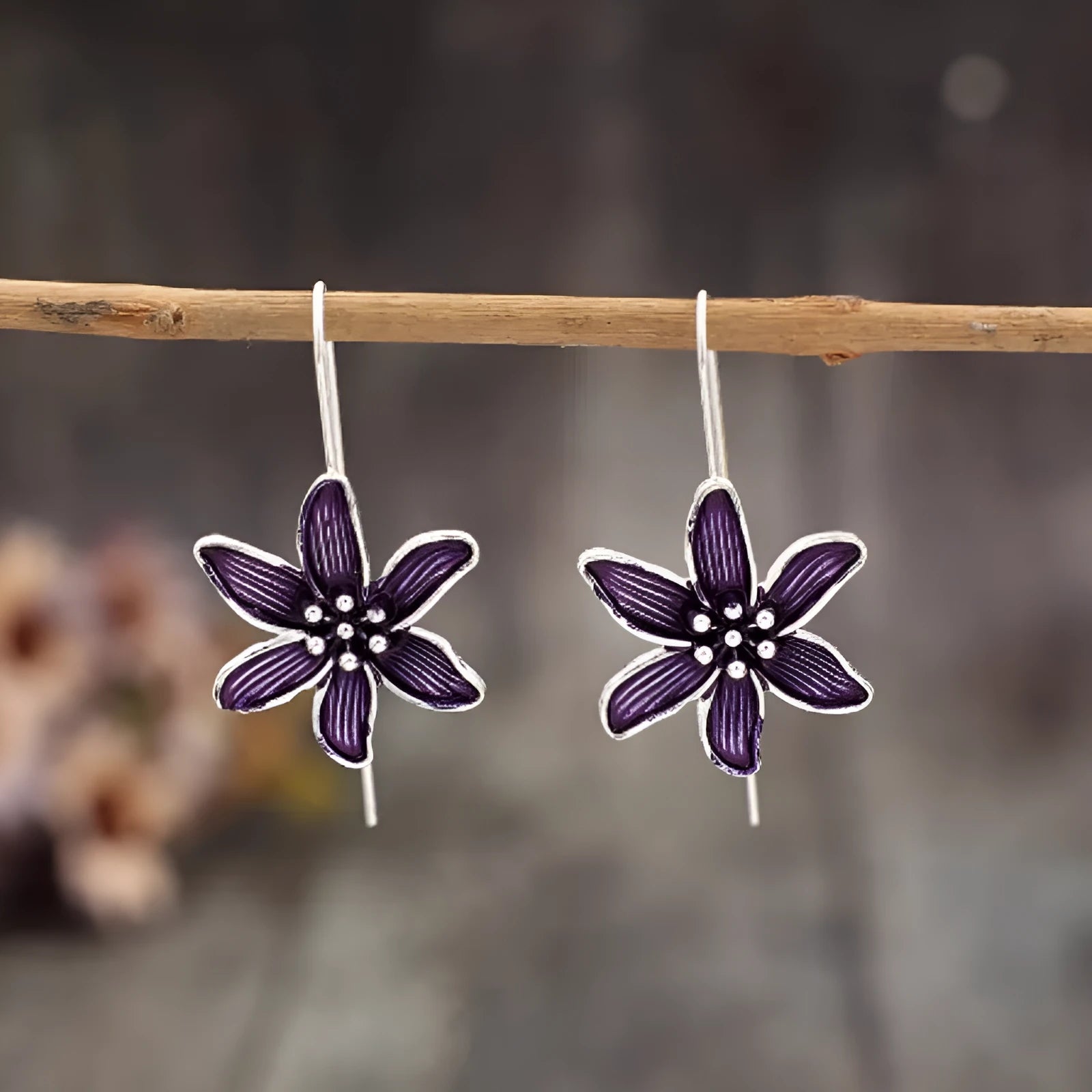 Purple flower-shaped alloy earrings with retro elegant design and electroplated finish