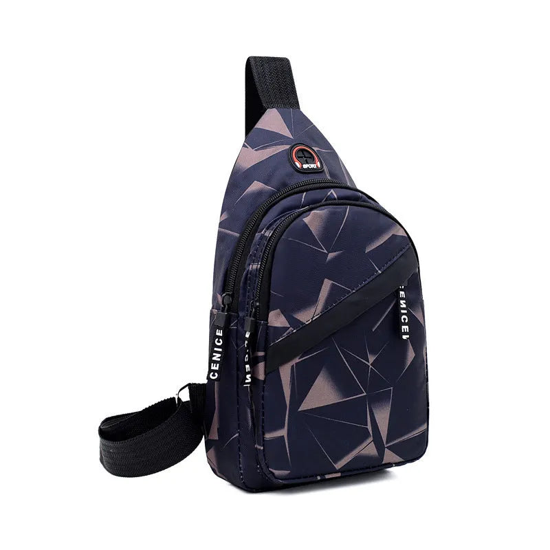 Men's blue oxford cloth sling chest bag with earphone hole and adjustable shoulder strap