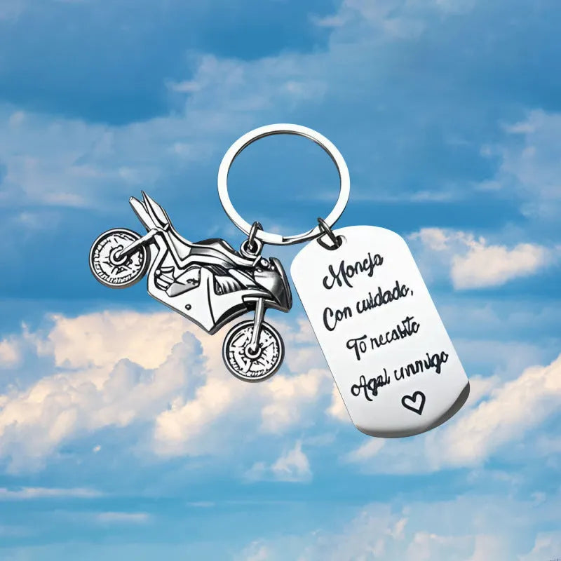 Stainless steel motorcycle keychain with engraving in a flannel bag