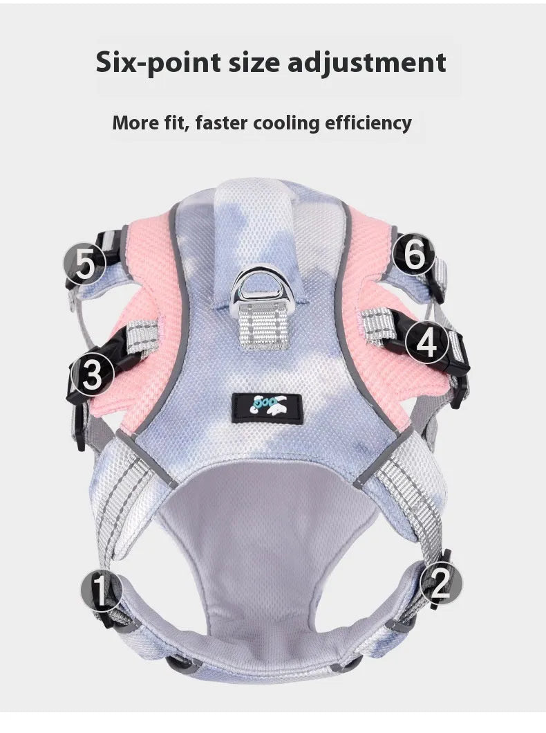 Reflective light blue dog cooling vest with chest strap on a medium-sized dog