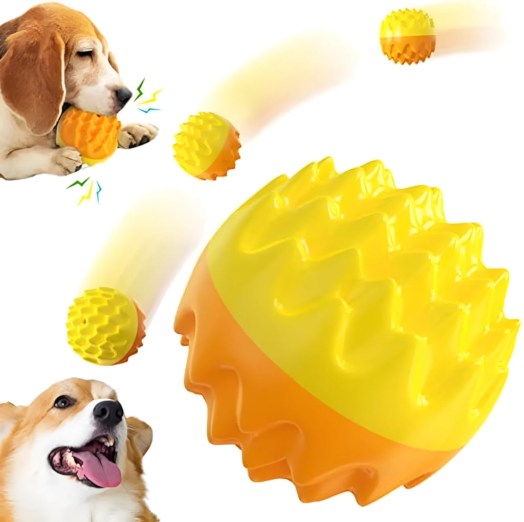 Blue spiky rubber dog ball with squeaker for teeth cleaning and water fetch
