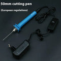 Blue electric heating cutter pen for foam and pearl cotton with power adapter on a work surface.