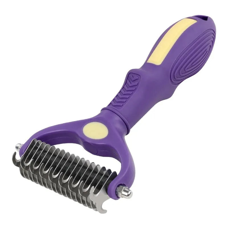 Purple double-sided plastic comb for untying knots in dog fur.