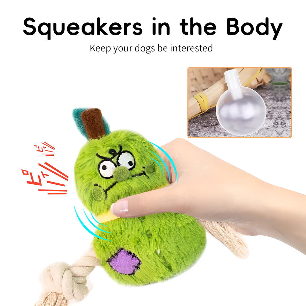 Green interactive dog toy with plush fabric, rope knots, and built-in squeaker for tug of war games