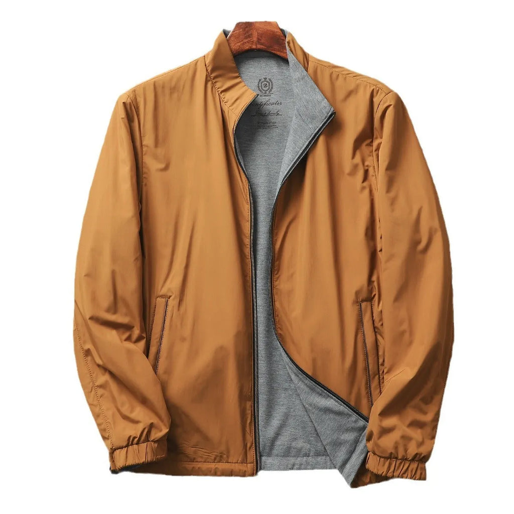 Men's stand collar casual jacket in Army Green, shown on a model.