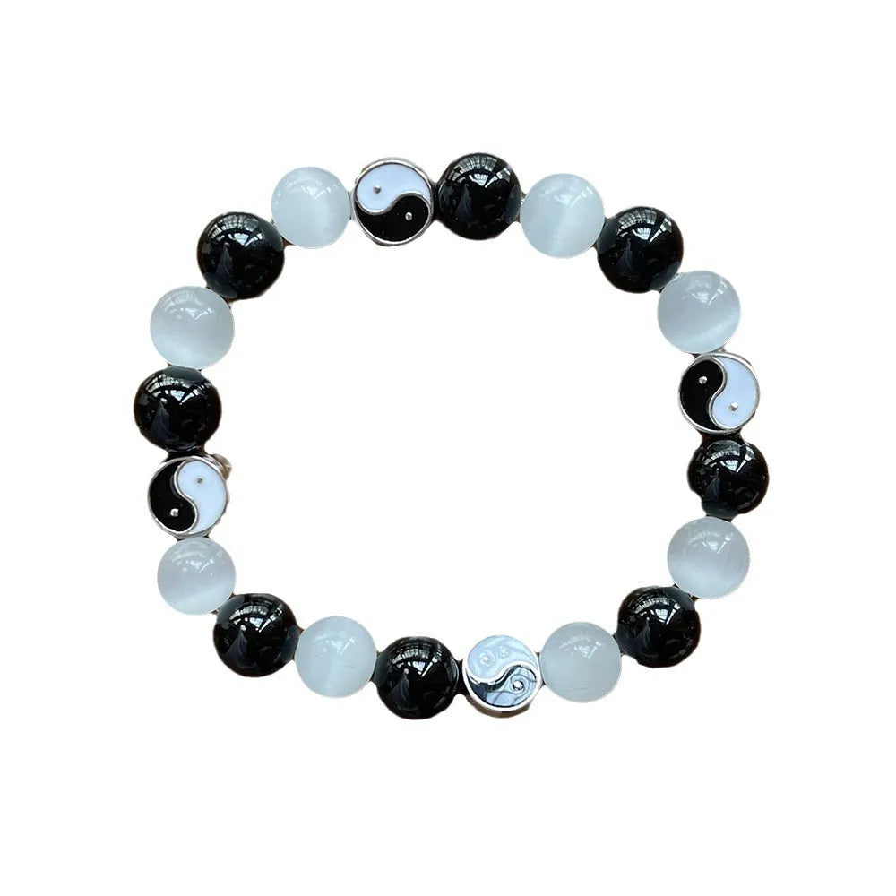 Natural stone Tai Chi bracelet with 10mm opal and black agate beads, polished finish, unisex Chinese style design