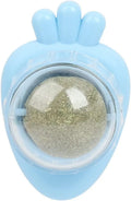 Blue carrot-shaped catnip ball toy with self-adhesive sticker for wall mounting and teeth cleaning