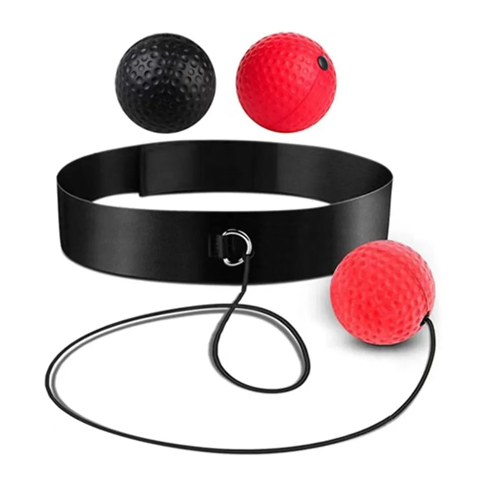 Head-mounted boxing reaction training ball set with adjustable headbands and multiple coloured balls on a white background.