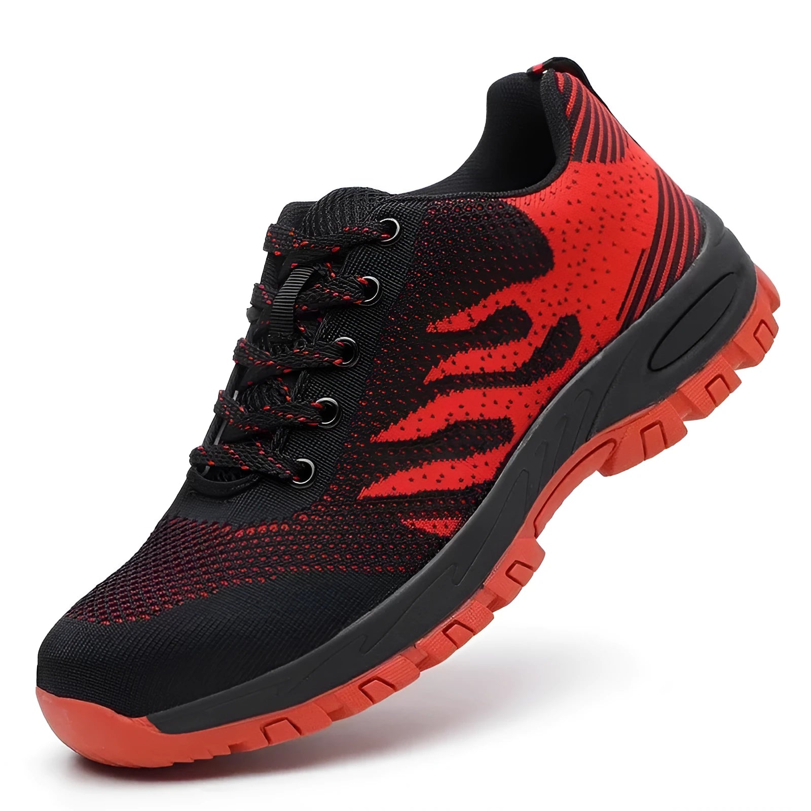 Red low-top safety shoe with mesh upper and visible steel toe cap on a white background.