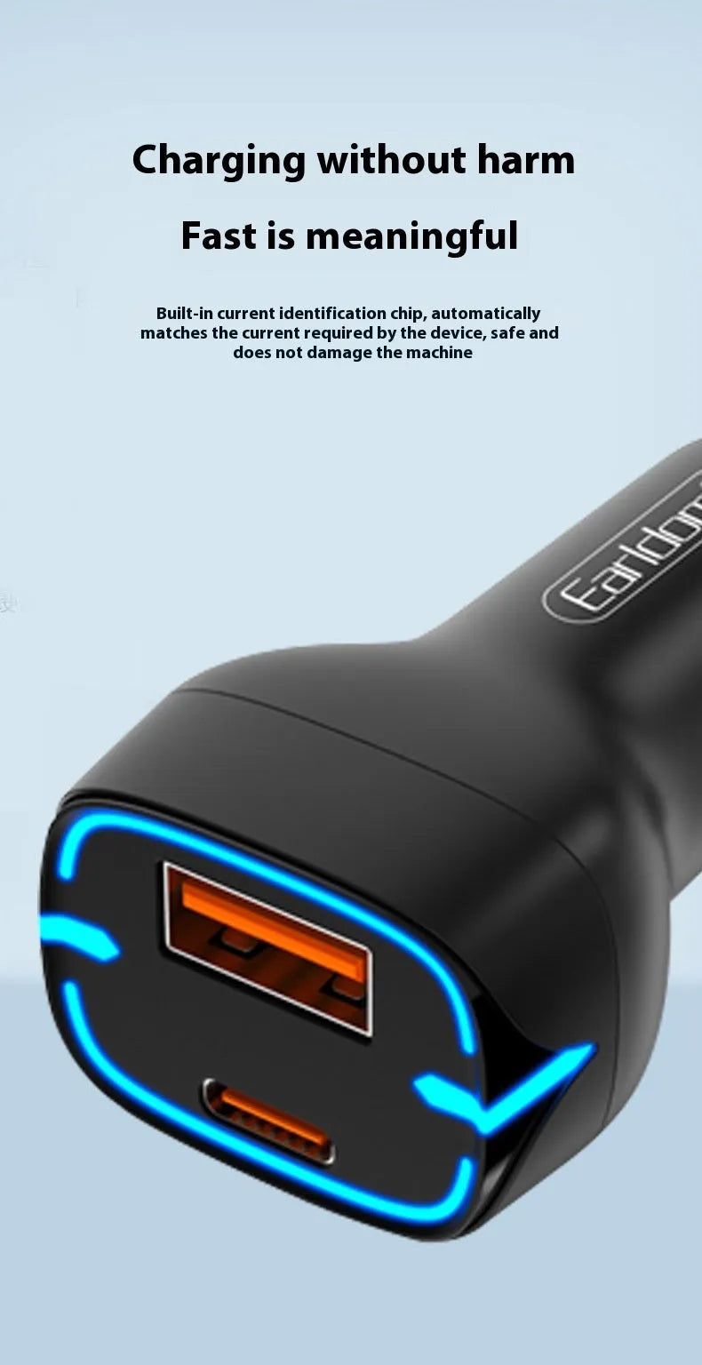 Black car charger with QC3.0 fast charging and PD USB output for cigarette lighter socket