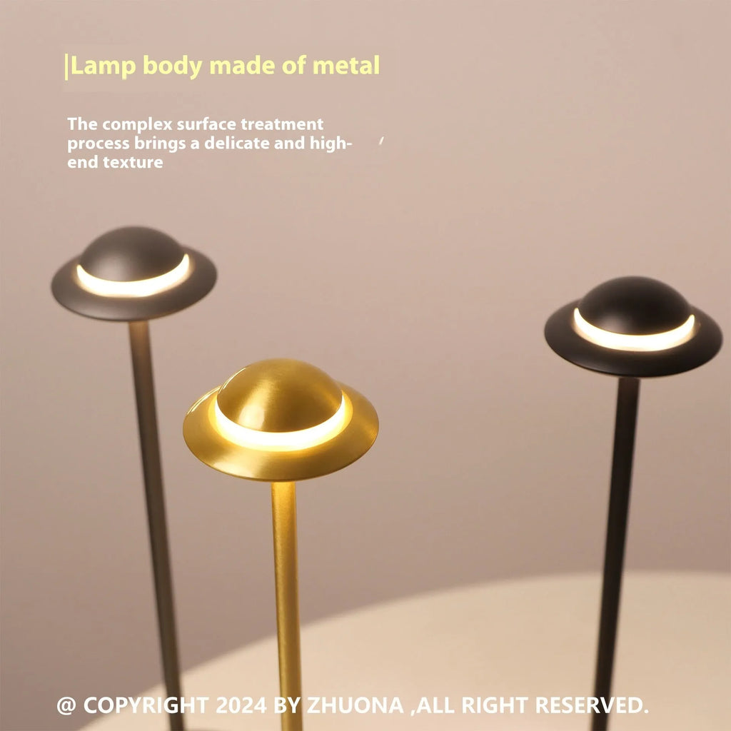 Metallic UFO-shaped rechargeable table lamp with touch dimming in black, gold or grey