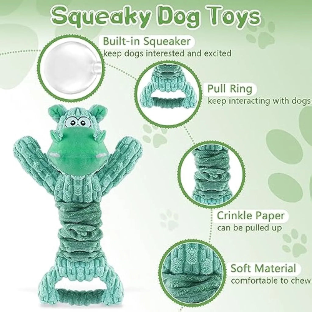 Plush squeaky dog toy with crinkle paper and a handle for tug-of-war play.