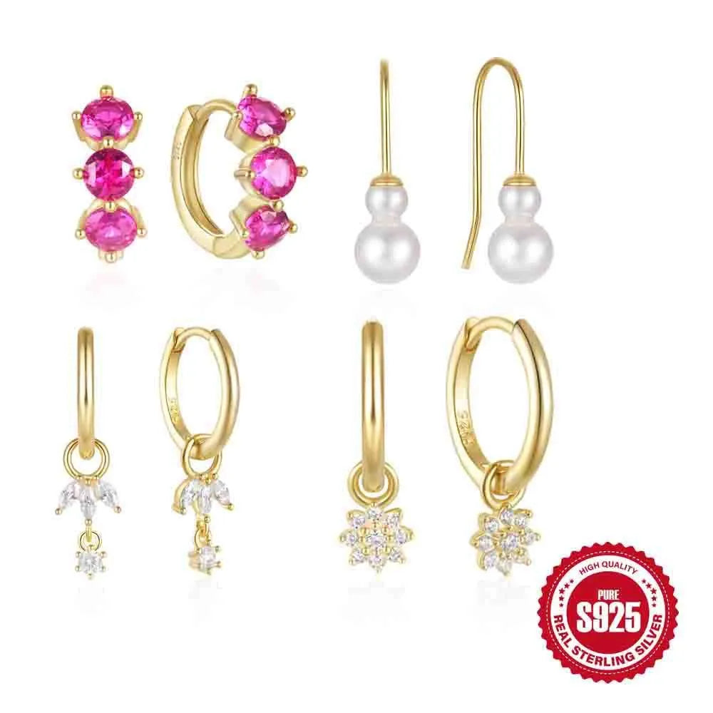 Geometric sunflower design sterling silver earrings with zircon stones in golden finish