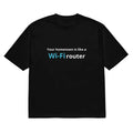 Man's black loose fit t-shirt with a colourful 3D digital printed cartoon pattern on the front.
