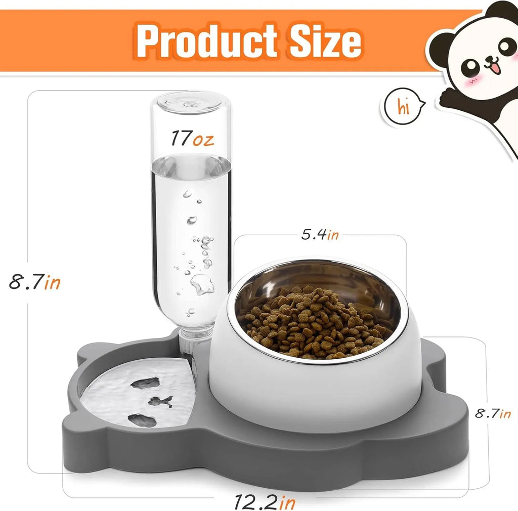 Grey panda-shaped tilted pet bowl set with automatic water bottle and stainless steel bowls