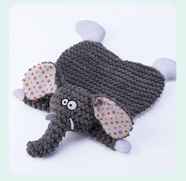 Brown, grey, and orange velvet pet stuffed toys in fox and elephant designs with crinkle sound paper inside.