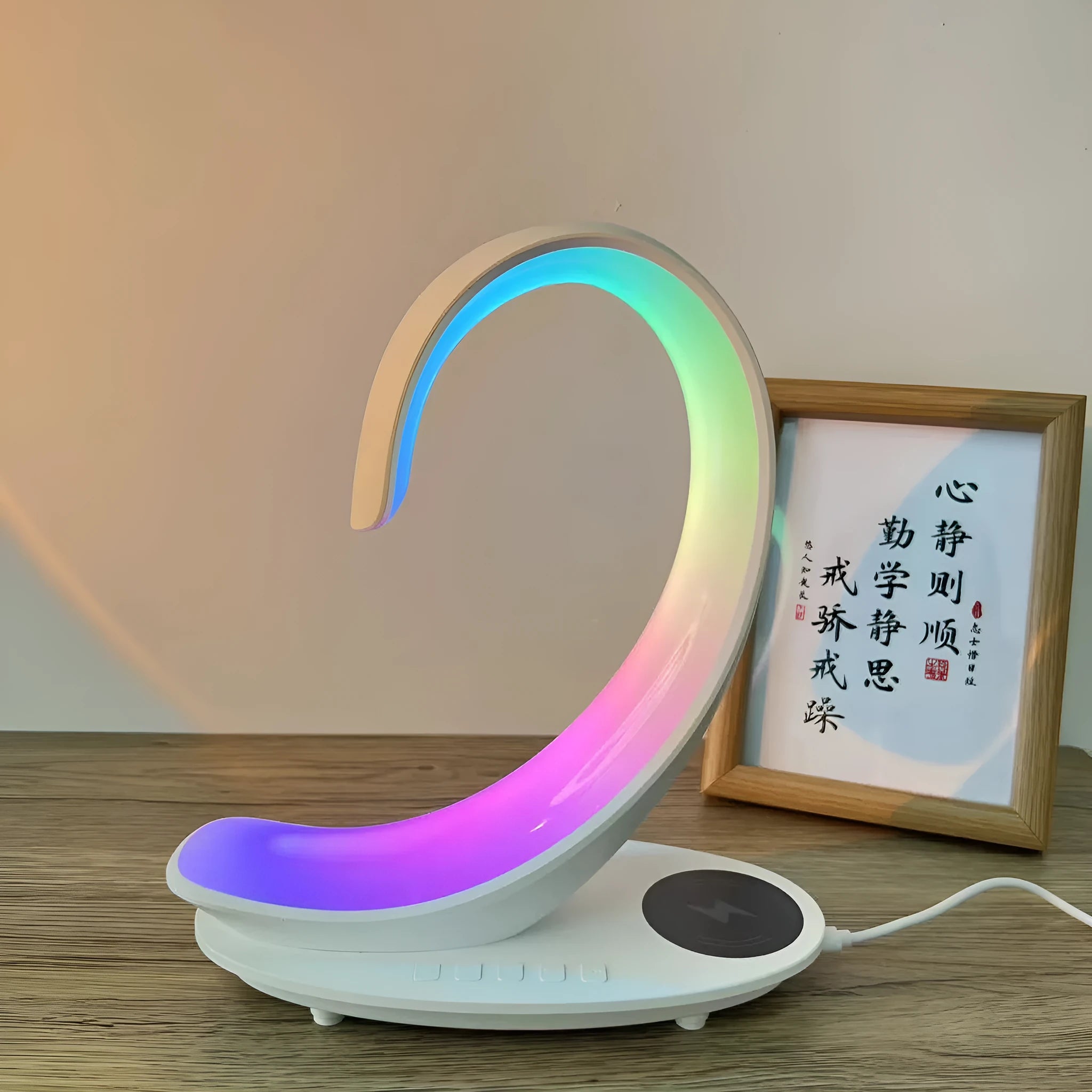 White swan-shaped desktop wireless charger Bluetooth speaker with colourful LED atmosphere lighting
