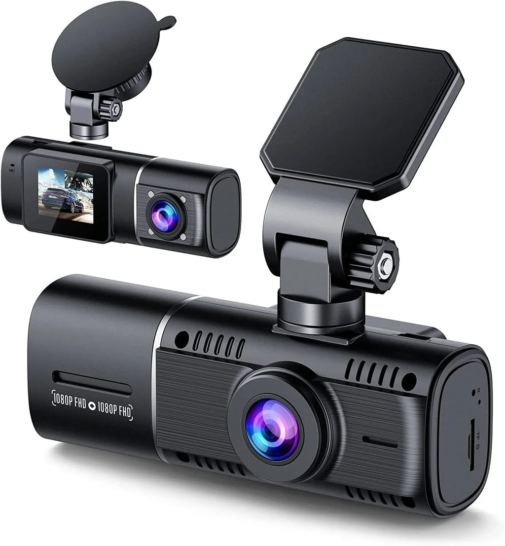 Black dashboard camera mounted on car windscreen showing dual recording capability