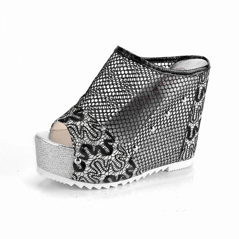 Korean platform sandals with hollowed-out heel, chunky waterproof sole, and lace-up mesh upper in black colour