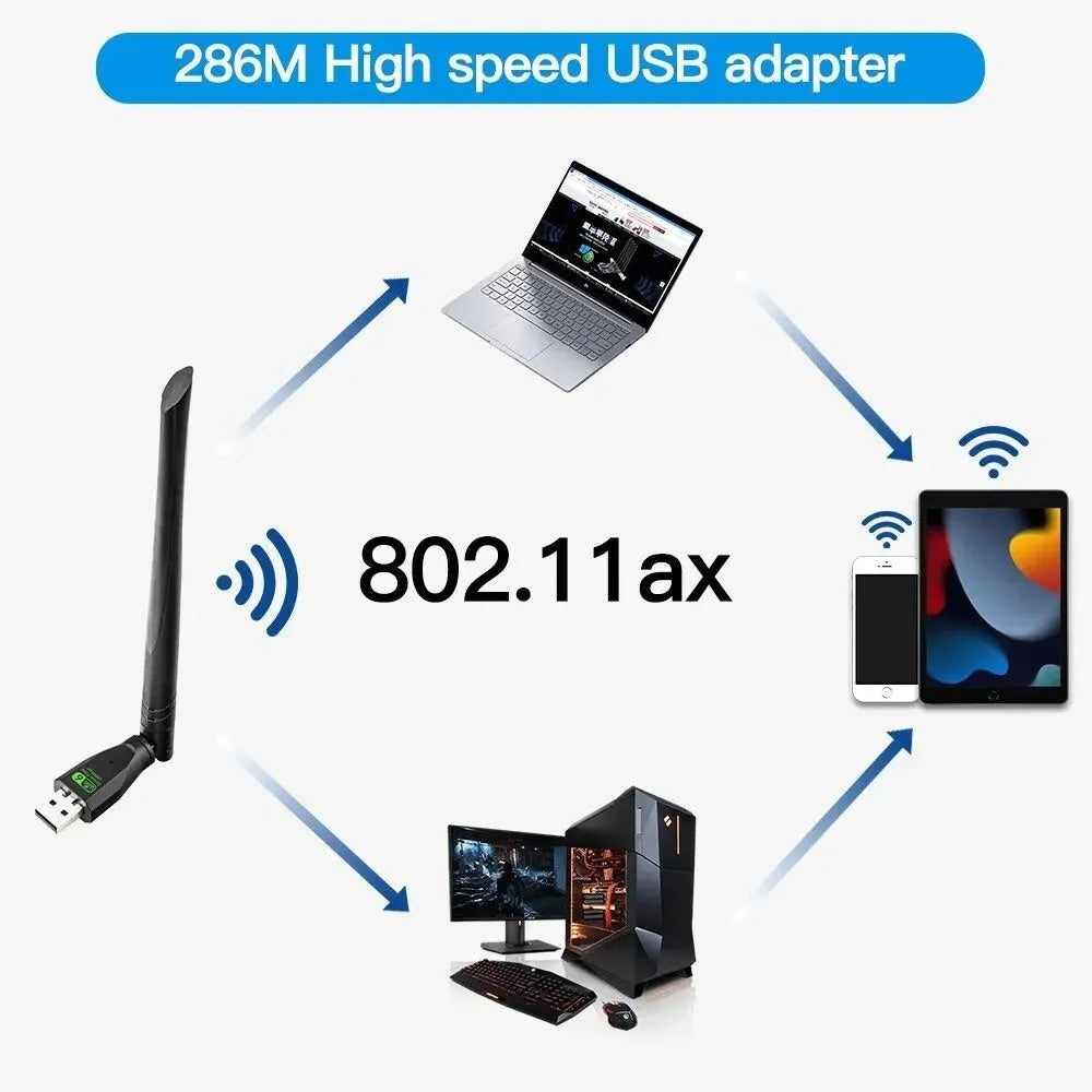 Black USB WiFi6 wireless network card with driver software included for desktop and laptop connectivity