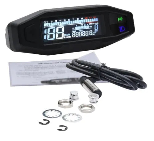 Black motorcycle mini speedometer with LCD display showing speed and oil levels