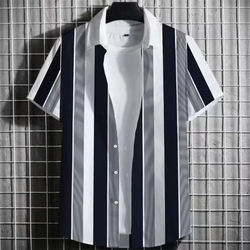 Men's striped linen short sleeve t-shirt with 3D printing texture, laid flat.