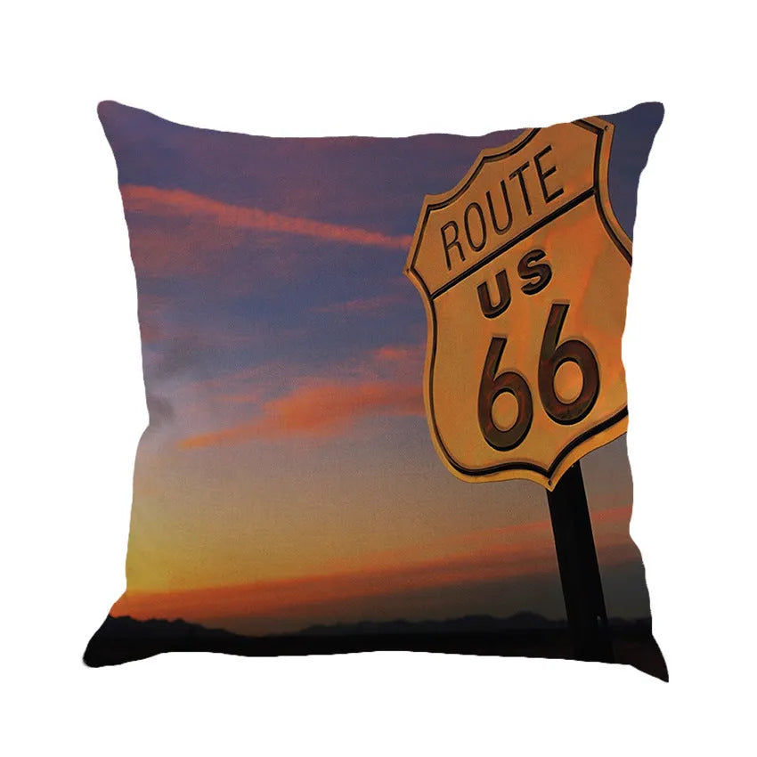 Route 66 landscape pattern on a square linen blend cushion cover for a 45cm pillow.