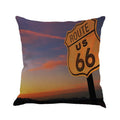 Route 66 landscape pattern on a square linen blend cushion cover for a 45cm pillow.