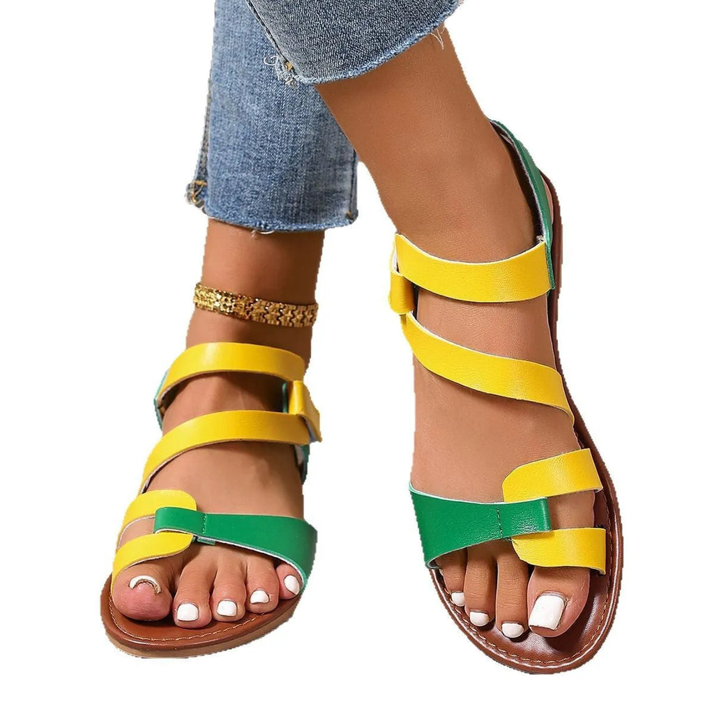 Women's flat sandals with Velcro straps, round toe design, available in three colour options