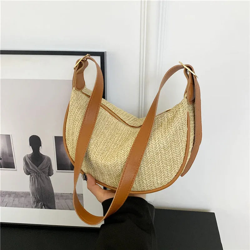 Women's straw woven crossbody bag with phone compartment and file storage in multiple colours