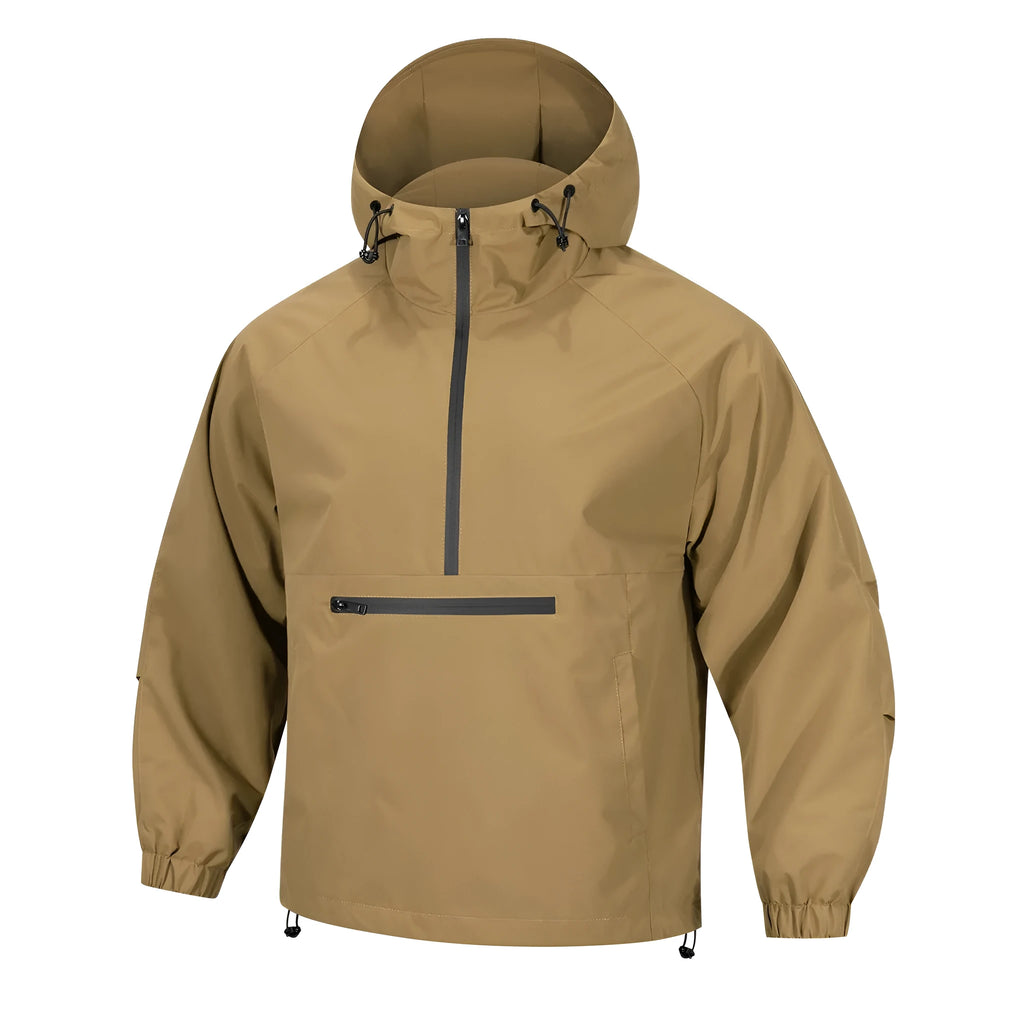 Man wearing a light gray loose fit corduroy hooded jacket with a half-zip and rabbit fur lining.